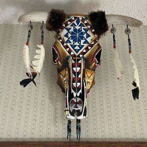 Decorative Bull Skull Wall Art with Feathers